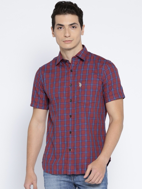 

U.S. Polo Assn. Men Rust Red & Blue Tailored Fit Checked Casual Shirt