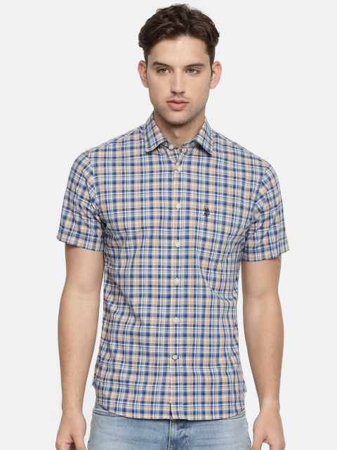 

U.S. Polo Assn. Men Beige & Blue Tailored Fit Checked Casual Shirt