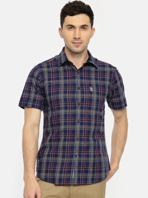 

U.S. Polo Assn. Men Navy Blue & Magenta Tailored Fit Checked Casual Shirt