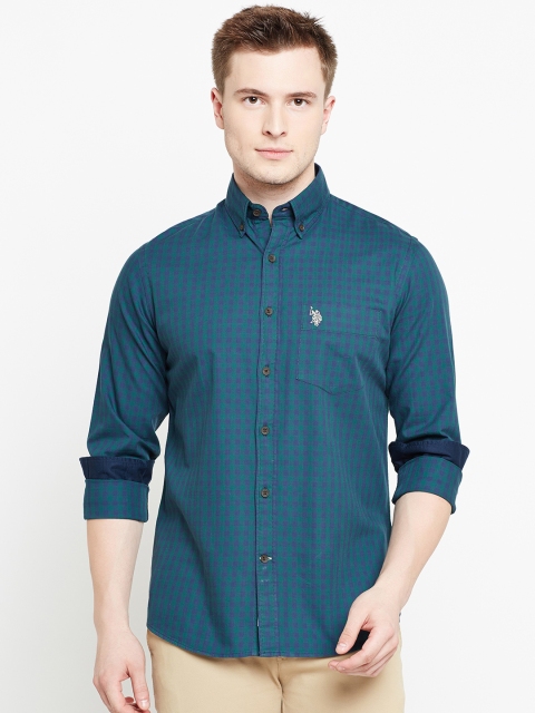 

U.S. Polo Assn. Men Green & Navy Blue Tailored Fit Checked Casual Shirt