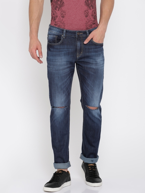

American Crew Men Blue Straight Fit Mid-Rise Slash Knee Stretchable Jeans