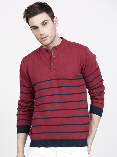 

ether Men Maroon & Navy Striped Flat Knit T-shirt