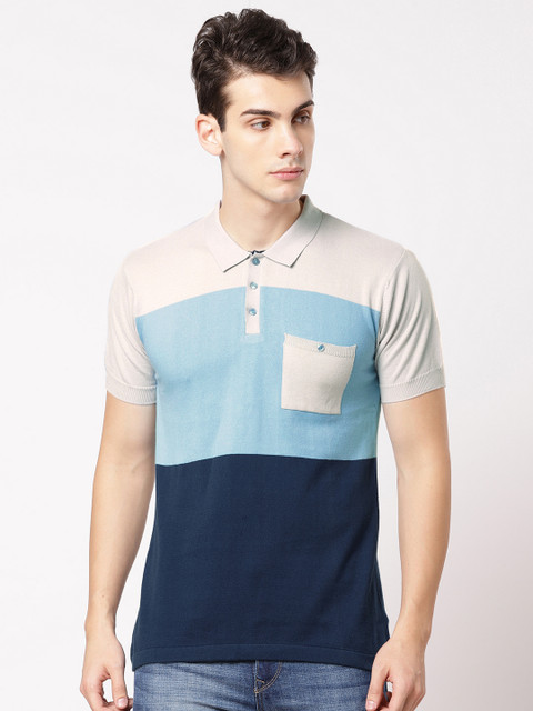 

ether Men Blue Colourblocked Polo Collar Pure Cotton T-shirt