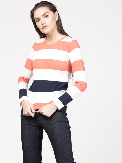 

ether Women White & Coral Pink Striped Long Sleeve Round Neck T-shirt