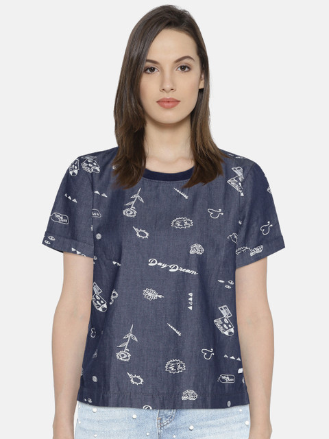 

Lee Women Blue Printed Slim Fit Chambray Pure Cotton Top