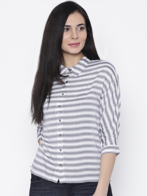 

Lee Women White & Navy Regular Fit Striped Casual Shirt