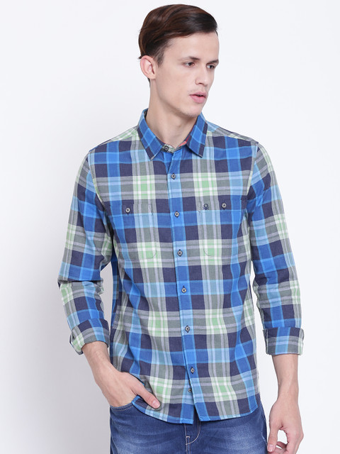 

United Colors of Benetton Men Blue & Green Slim Fit Checked Casual Shirt