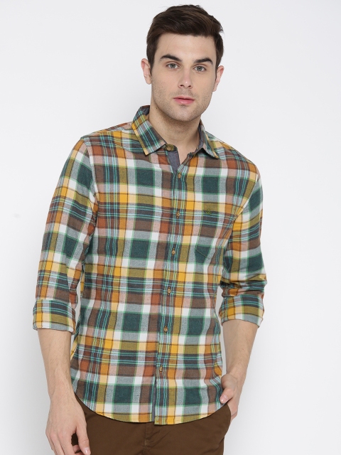 

United Colors of Benetton Men Green & Yellow Slim Fit Checked Casual Shirt