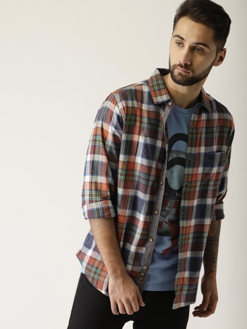

United Colors of Benetton Men Blue & Orange Slim Fit Checked Casual Shirt