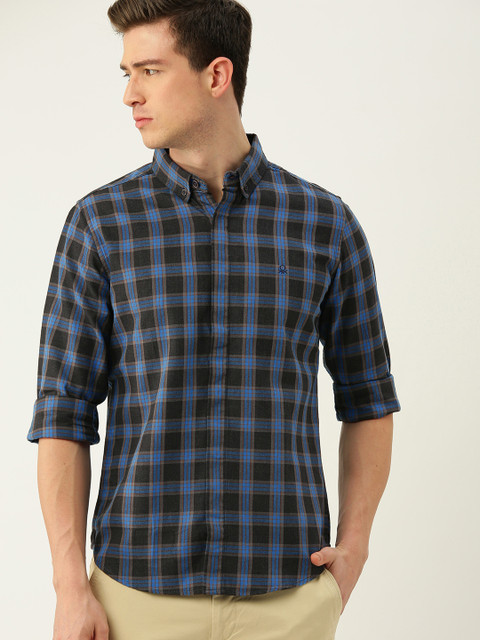 

United Colors of Benetton Men Charcoal Grey & Blue Slim Fit Checked Casual Shirt