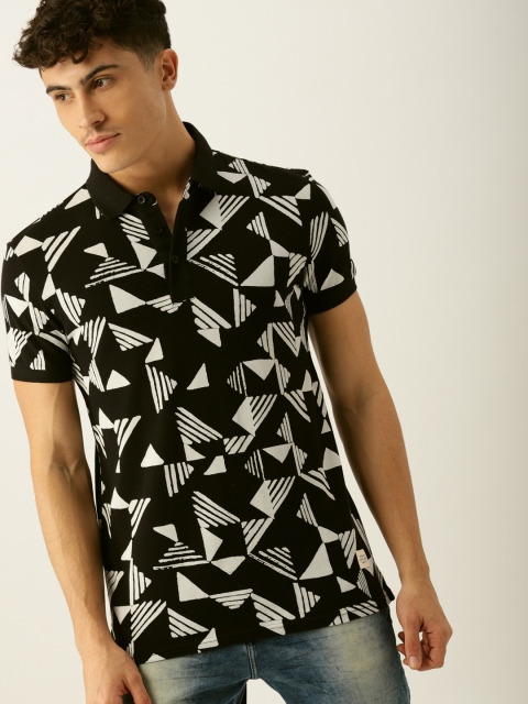 

United Colors of Benetton Men Black & White Printed Polo Collar T-shirt