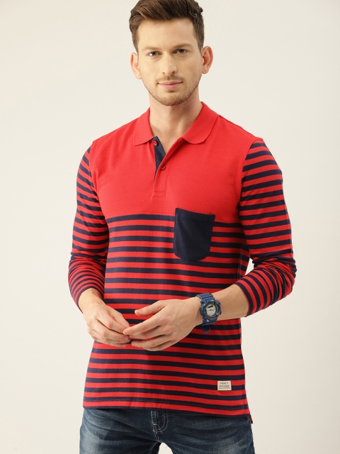 

United Colors of Benetton Men Red & Navy Striped Polo Collar T-shirt