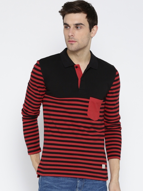 

United Colors of Benetton Men Red & Black Striped Polo Collar T-shirt