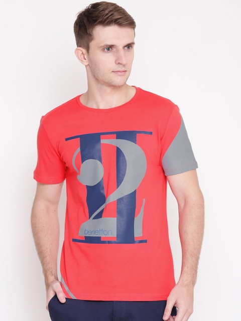

United Colors of Benetton Men Coral Red Printed Round Neck T-shirt