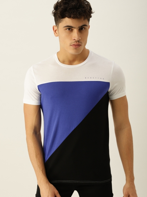 

United Colors of Benetton Men White & Blue Colourblocked Round Neck T-shirt