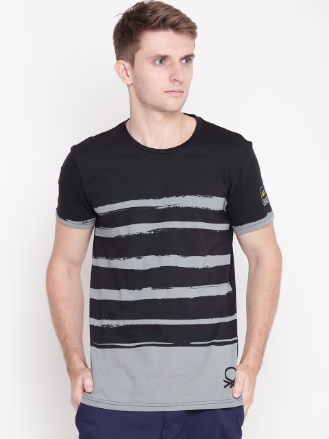 

United Colors of Benetton Men Black & Grey Striped Round Neck T-shirt
