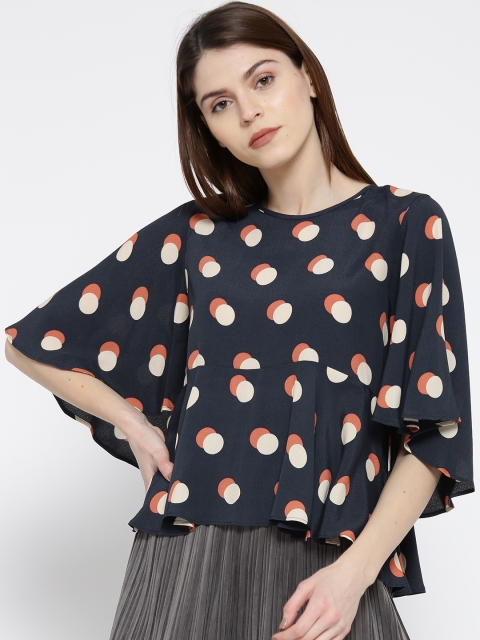 

MANGO Women Navy Blue Polka Dot Print A-Line Top