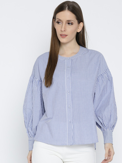 

MANGO Women Blue & White Striped Shirt Style Top