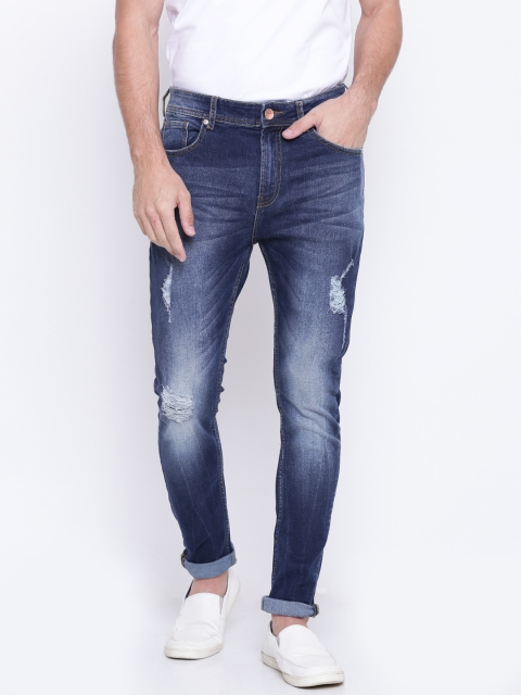 

United Colors of Benetton Men Navy Carrot Fit Mid-Rise Mildly Distressed Stretchable Jeans, Navy blue
