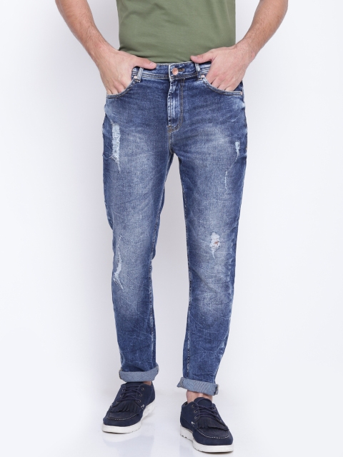 United Colors of Benetton Men Blue Carrot Fit Mid-Rise Mildly Distressed Stretchable Jeans