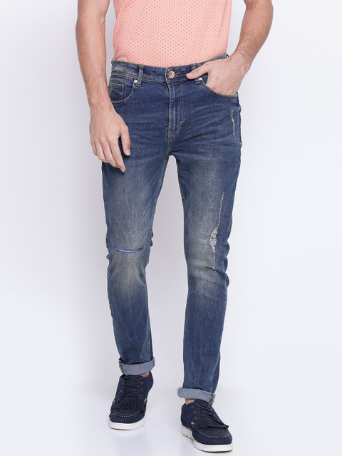 

United Colors of Benetton Men Blue Carrot Fit Mid-Rise Low Distress Stretchable Jeans