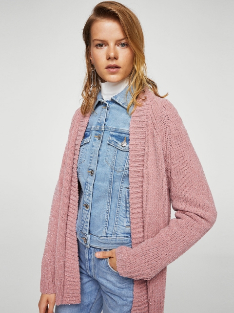 

MANGO Women Dusty Pink Solid Shimmer Front-Open Cardigan