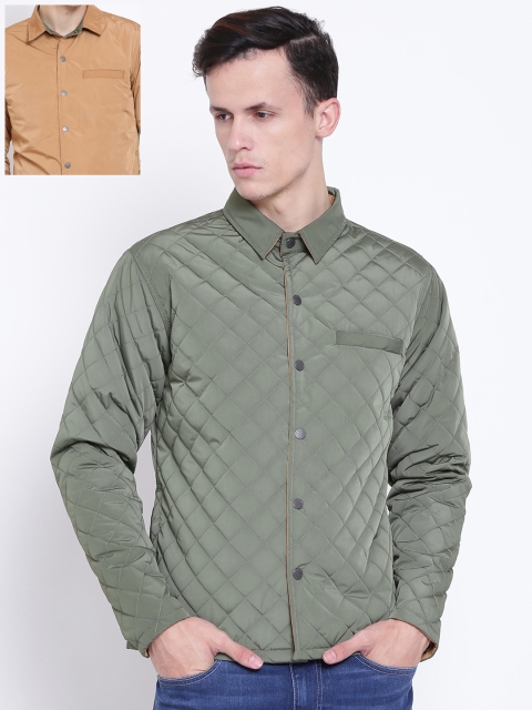 

United Colors of Benetton Men Olive Green & Beige Solid Reversible Quilted Jacket