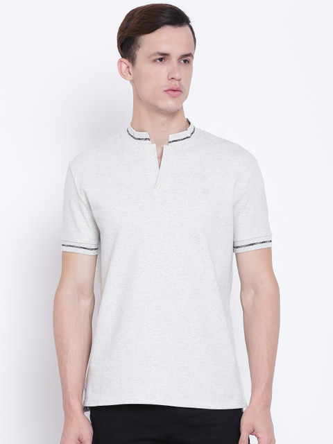 

United Colors of Benetton Men Grey Melange Mandarin Collar T-shirt