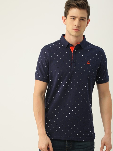 

United Colors of Benetton Men Navy Blue Printed Polo Collar T-shirt