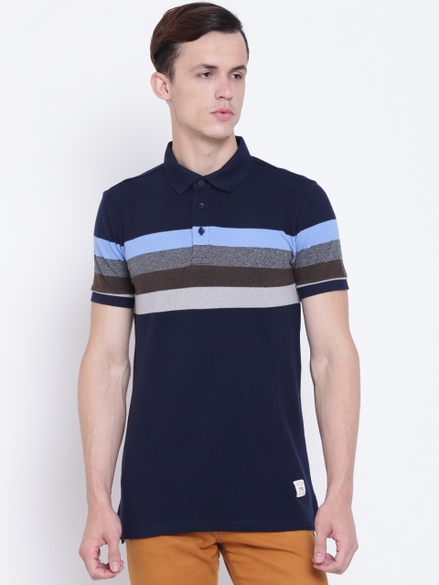 

United Colors of Benetton Men Navy Blue Striped Polo Collar T-shirt