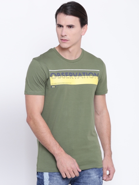 

United Colors of Benetton Men Olive Green Printed Round Neck T-shirt