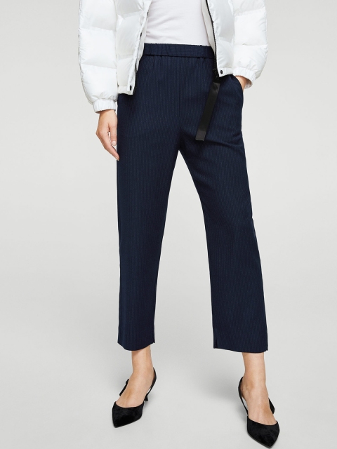 

MANGO Women Navy Blue Regular Fit Striped Cropped Trousers