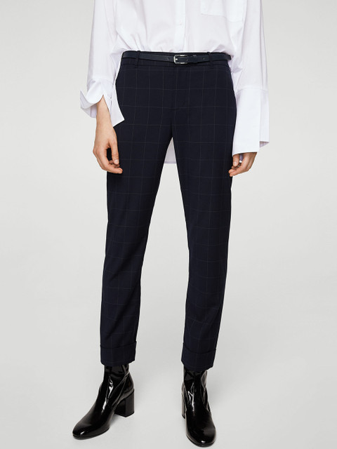 

MANGO Women Navy Blue Regular Fit Checked Formal Trousers