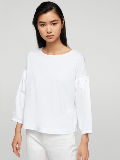 

MANGO Women White Solid Boxy Top with Gathers