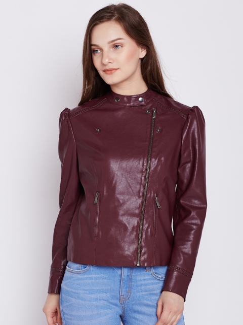 

COVER STORY Women Maroon Solid Biker Jacket