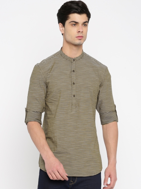 

British Club Men Brow & Black Striped Straight Kurta, Brown