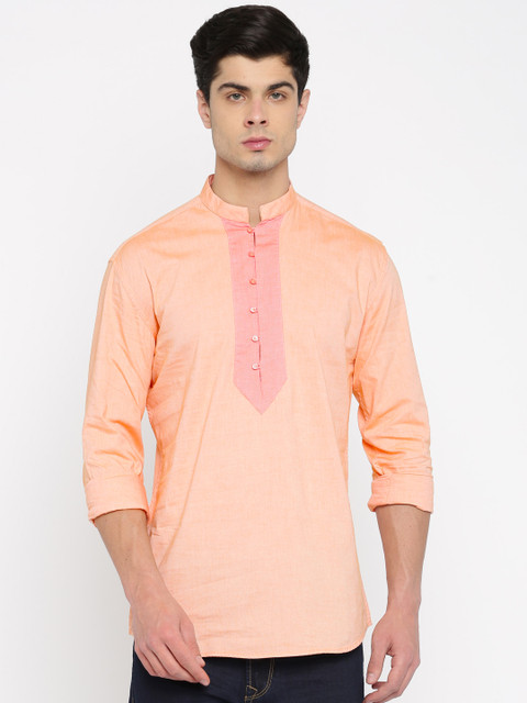 

British Club Men Orange Solid Straight Short Kurta