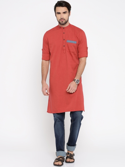 

British Club Men Red Solid Straight Kurta