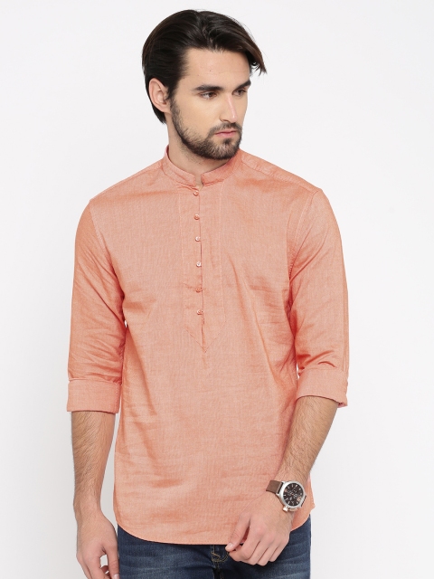 

British Club Men Orange Solid Straight Kurta