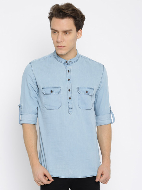 

Nature Casuals Men Blue Solid Chambray Kurta
