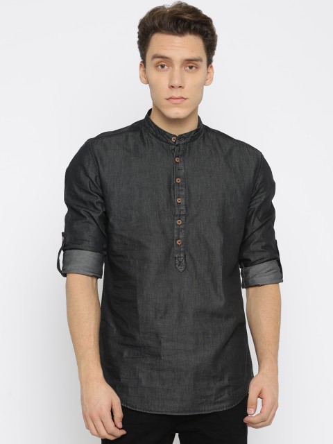 

Nature Casuals Men Black Solid Straight Kurta