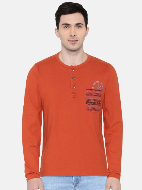 

Wrangler Men Rust Orange Solid Henley Neck Pure Cotton T-shirt