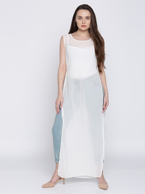 

Jealous 21 Women Off-White Solid Longline Sheer Top