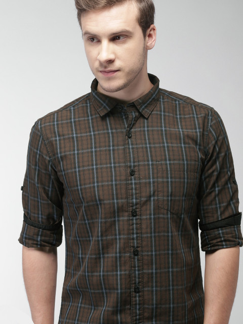 

HIGHLANDER Men Brown & Black Slim Fit Checked Casual Shirt