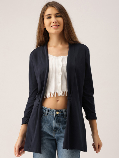 

DressBerry Navy Blue Solid Open Front Longline Shrug