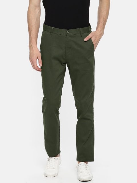 

Indigo Nation Men Olive Green Slim Fit Solid Regular Trousers