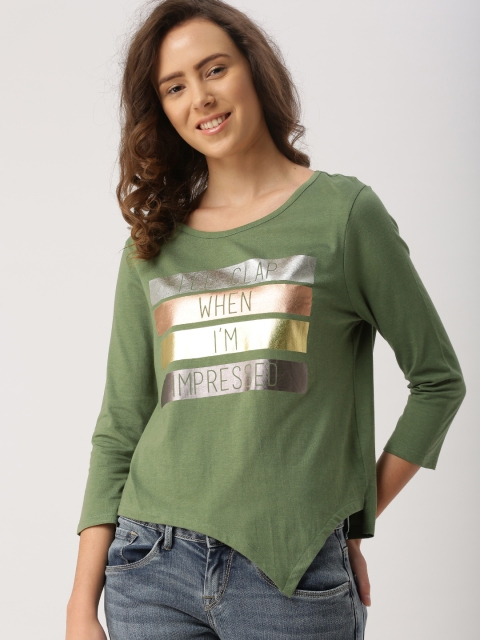 

DressBerry Women Olive Green Printed Round Neck T-shirt