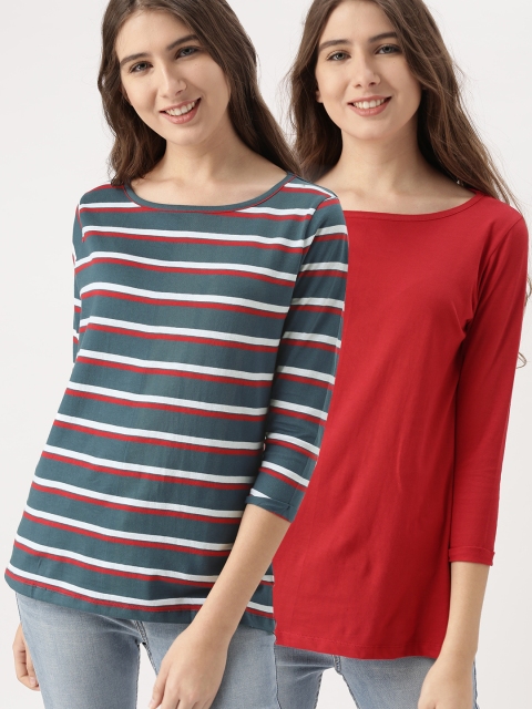

DressBerry Women Red Striped Round Neck T-shirt