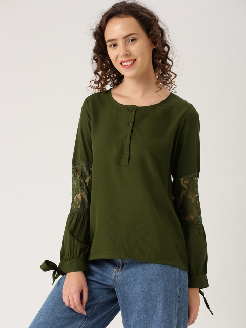 

DressBerry Women Olive Green Self Design Top
