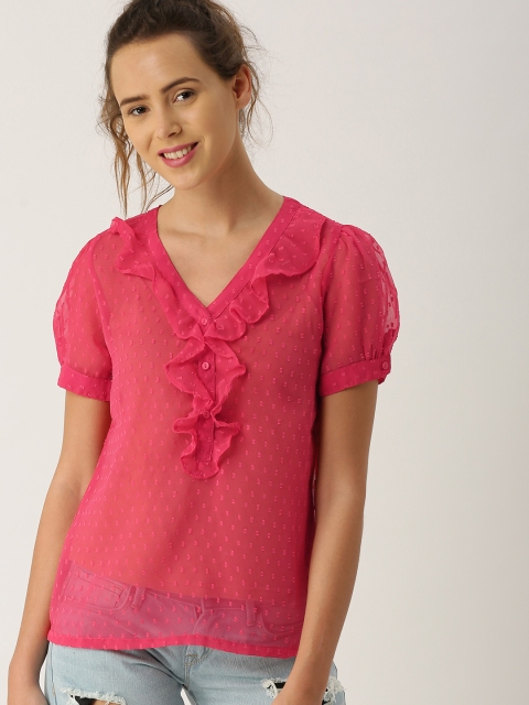

DressBerry Women Coral Pink Self Design Regular Top
